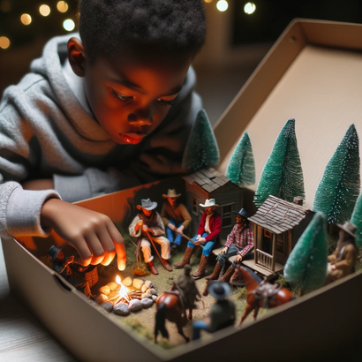 a person playing with toy figures in a box.