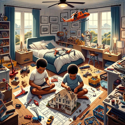 a painting of two children playing with toys in their bedroom